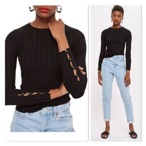 Topshop Button Sleeve Ribbed Sweater - size 4 in Black